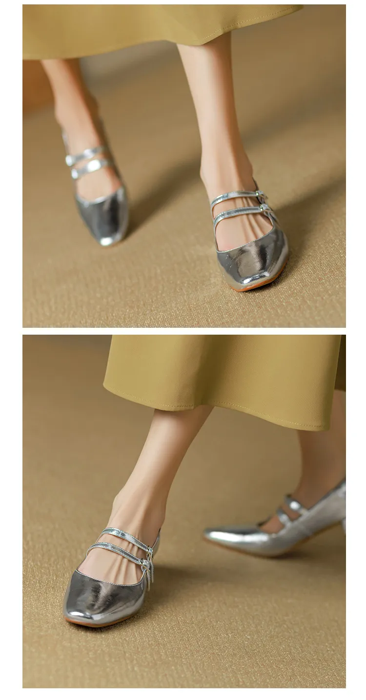 Gold and silver Mary Jane leather flats with a chunky low heel, square toe, and double buckle, perfect for spring and autumn. Very soft.
