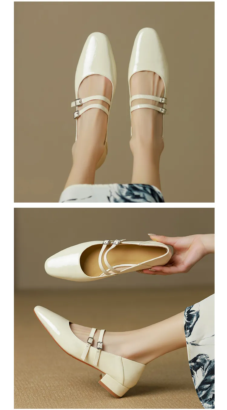 Gold and silver Mary Jane leather flats with a chunky low heel, square toe, and double buckle, perfect for spring and autumn. Very soft.