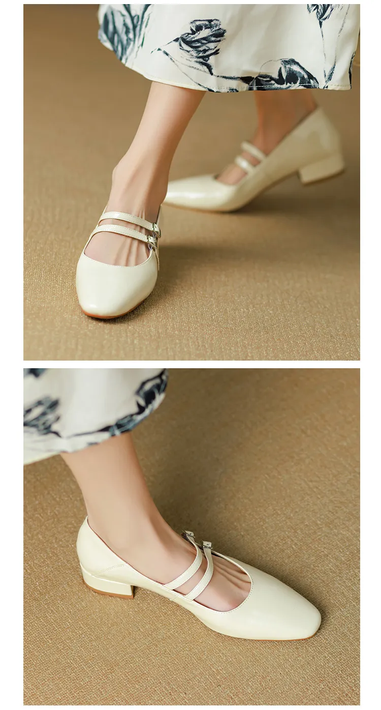 Gold and silver Mary Jane leather flats with a chunky low heel, square toe, and double buckle, perfect for spring and autumn. Very soft.