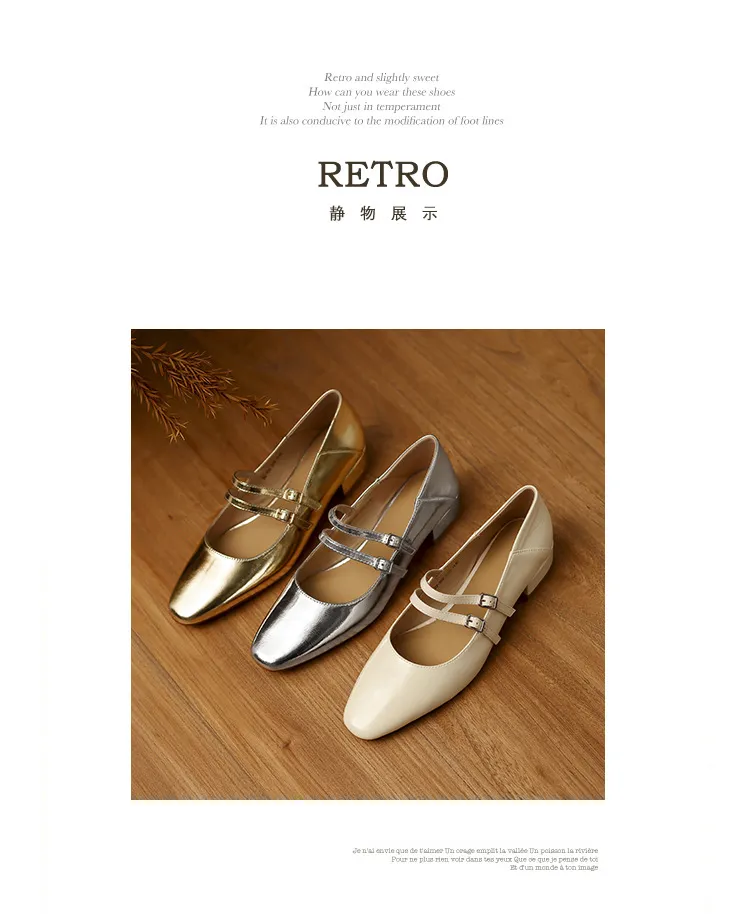 Gold and silver Mary Jane leather flats with a chunky low heel, square toe, and double buckle, perfect for spring and autumn. Very soft.