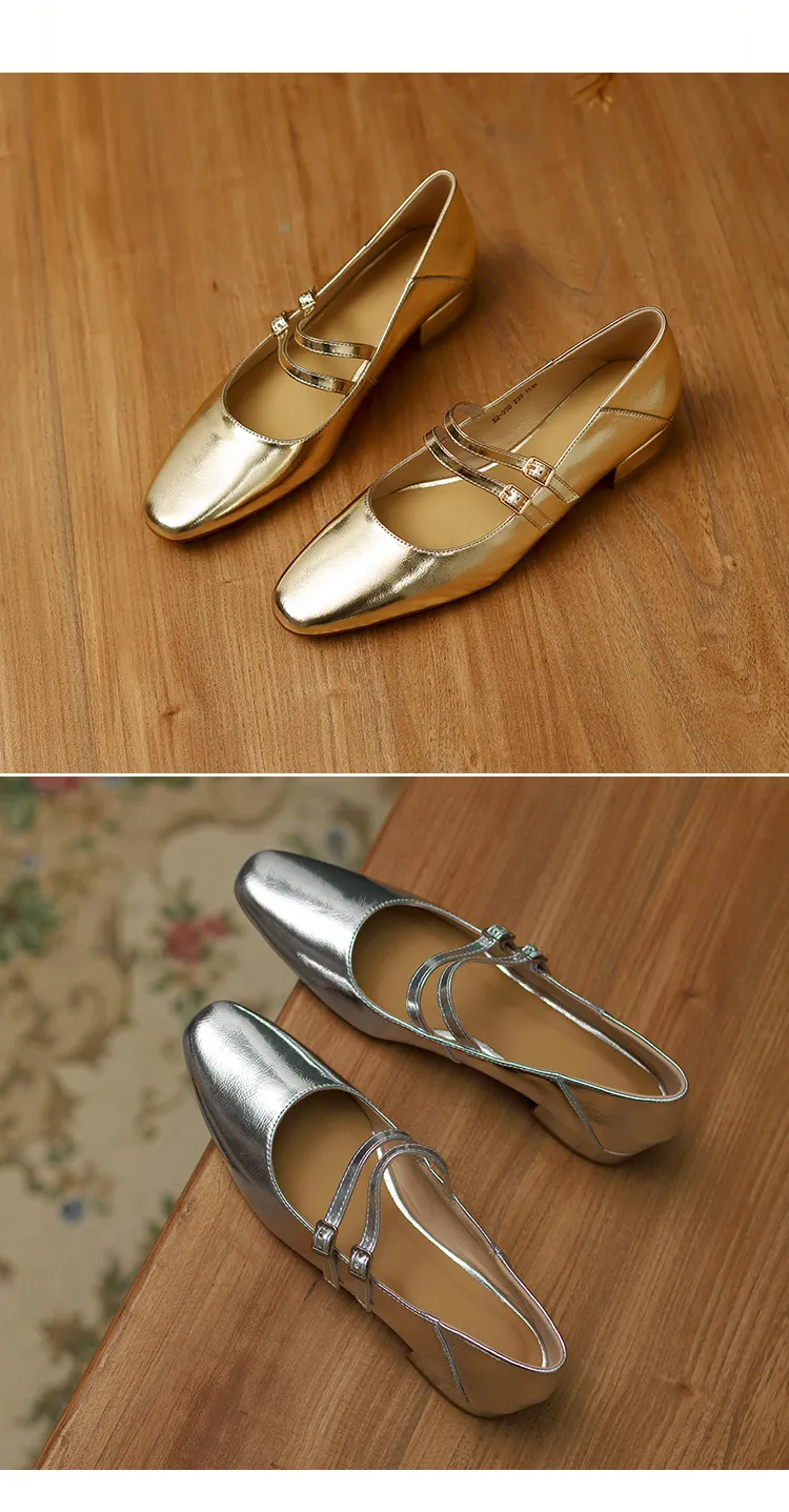 Gold and silver Mary Jane leather flats with a chunky low heel, square toe, and double buckle, perfect for spring and autumn. Very soft.