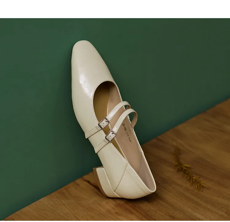 Gold and silver Mary Jane leather flats with a chunky low heel, square toe, and double buckle, perfect for spring and autumn. Very soft.