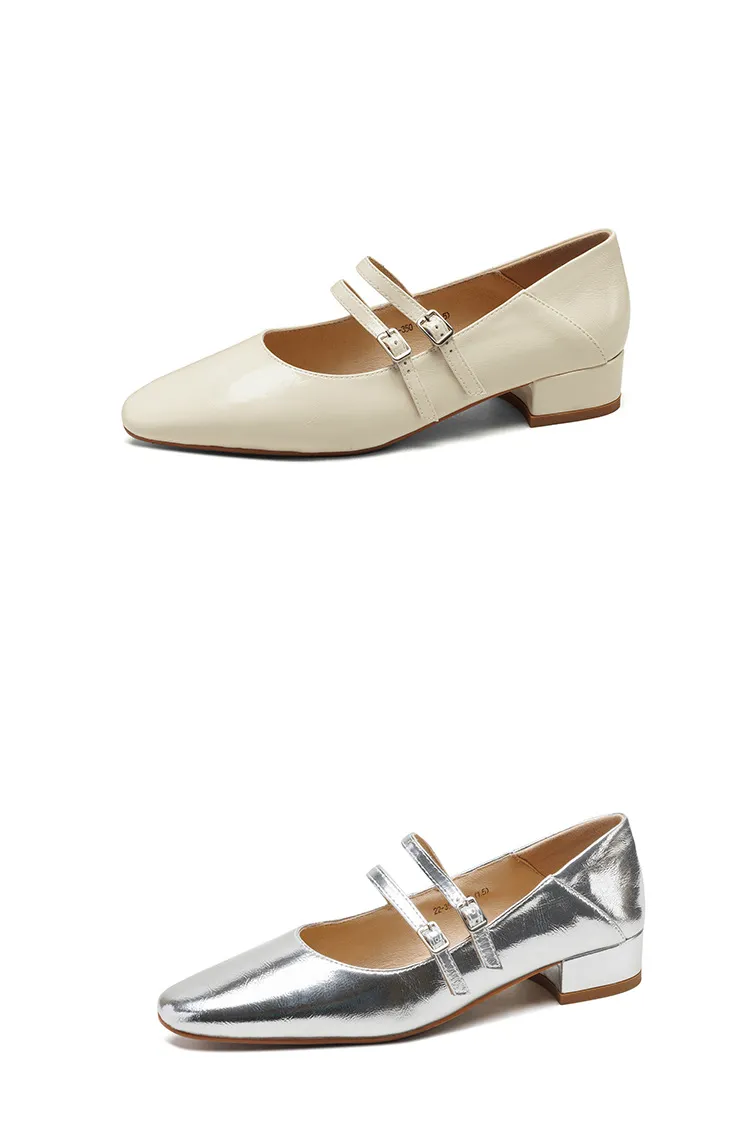 Gold and silver Mary Jane leather flats with a chunky low heel, square toe, and double buckle, perfect for spring and autumn. Very soft.