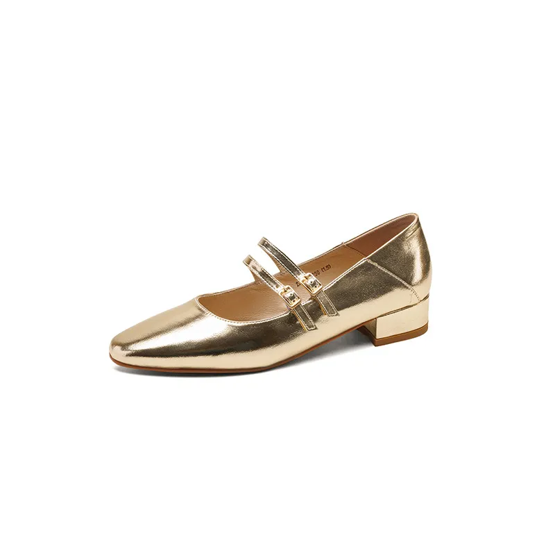 Gold and silver Mary Jane leather flats with a chunky low heel, square toe, and double buckle, perfect for spring and autumn. Very soft.