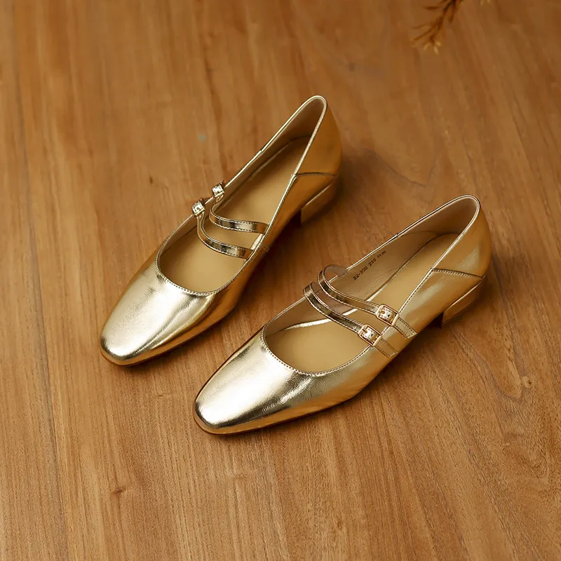 Gold and silver Mary Jane leather flats with a chunky low heel, square toe, and double buckle, perfect for spring and autumn. Very soft.