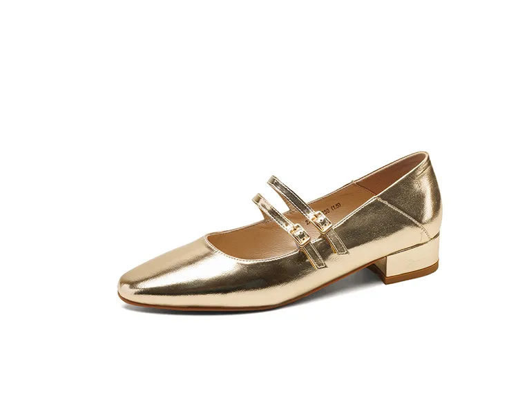 Gold and silver Mary Jane leather flats with a chunky low heel, square toe, and double buckle, perfect for spring and autumn. Very soft.