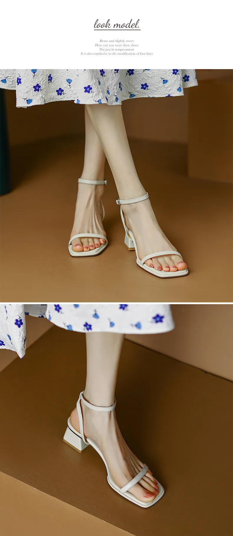 Chunky heeled square-toe sandals for summer, simple design, ankle strap, open toe, made of cowhide.