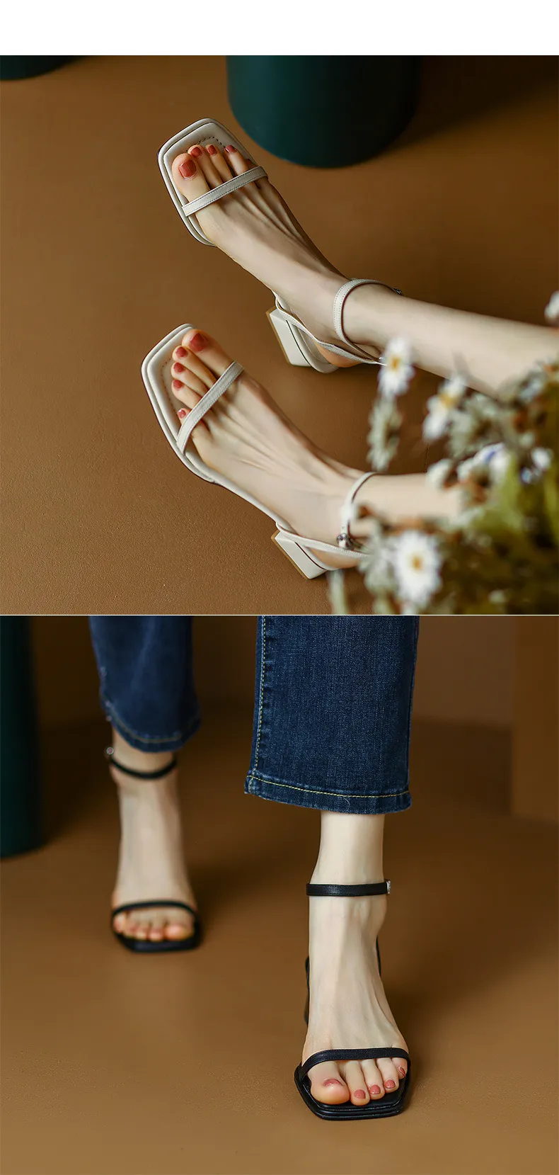 Chunky heeled square-toe sandals for summer, simple design, ankle strap, open toe, made of cowhide.