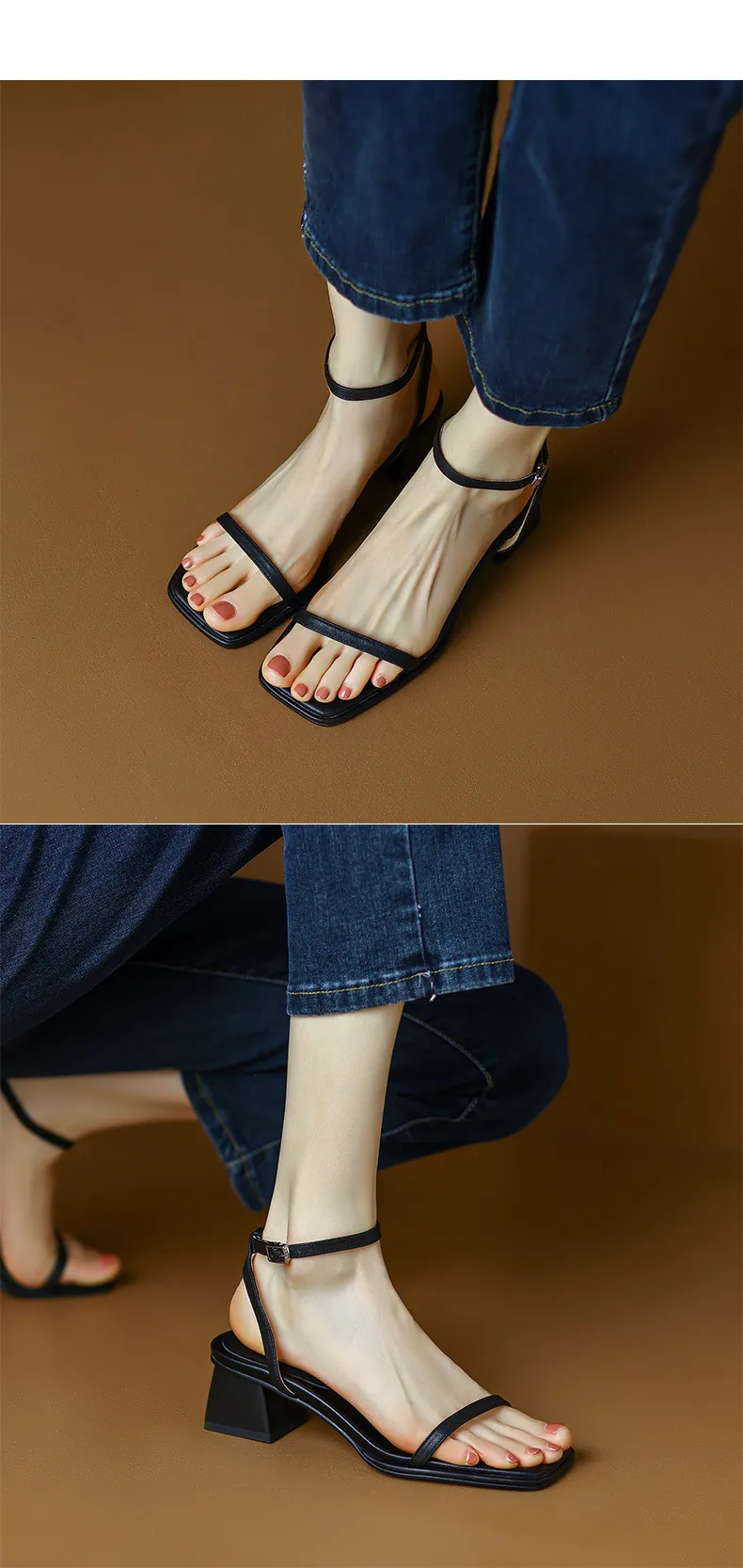 Chunky heeled square-toe sandals for summer, simple design, ankle strap, open toe, made of cowhide.