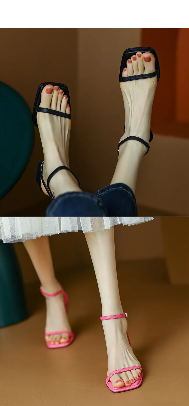 Chunky heeled square-toe sandals for summer, simple design, ankle strap, open toe, made of cowhide.