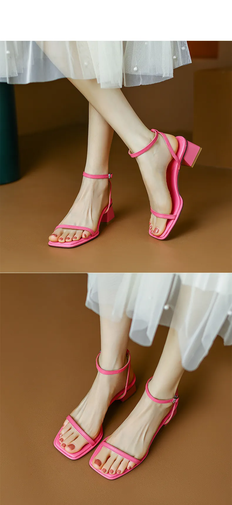 Chunky heeled square-toe sandals for summer, simple design, ankle strap, open toe, made of cowhide.
