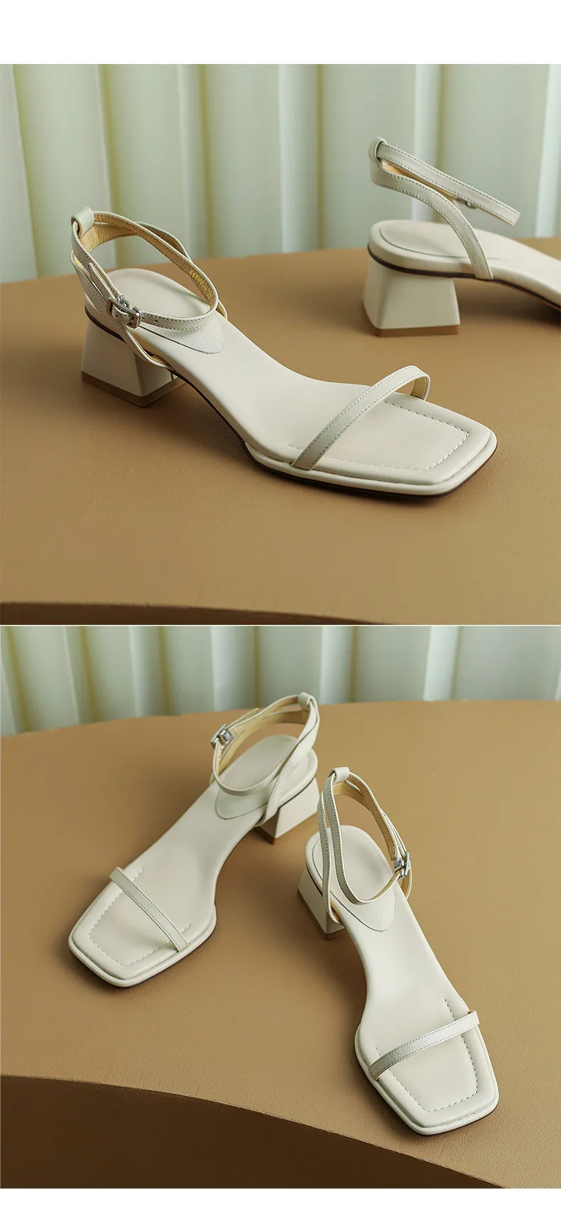 Chunky heeled square-toe sandals for summer, simple design, ankle strap, open toe, made of cowhide.