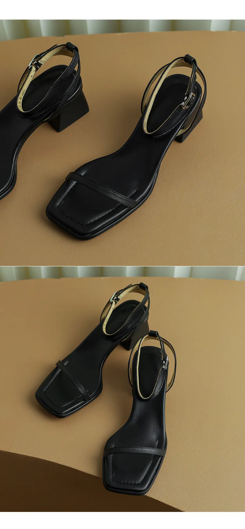 Chunky heeled square-toe sandals for summer, simple design, ankle strap, open toe, made of cowhide.