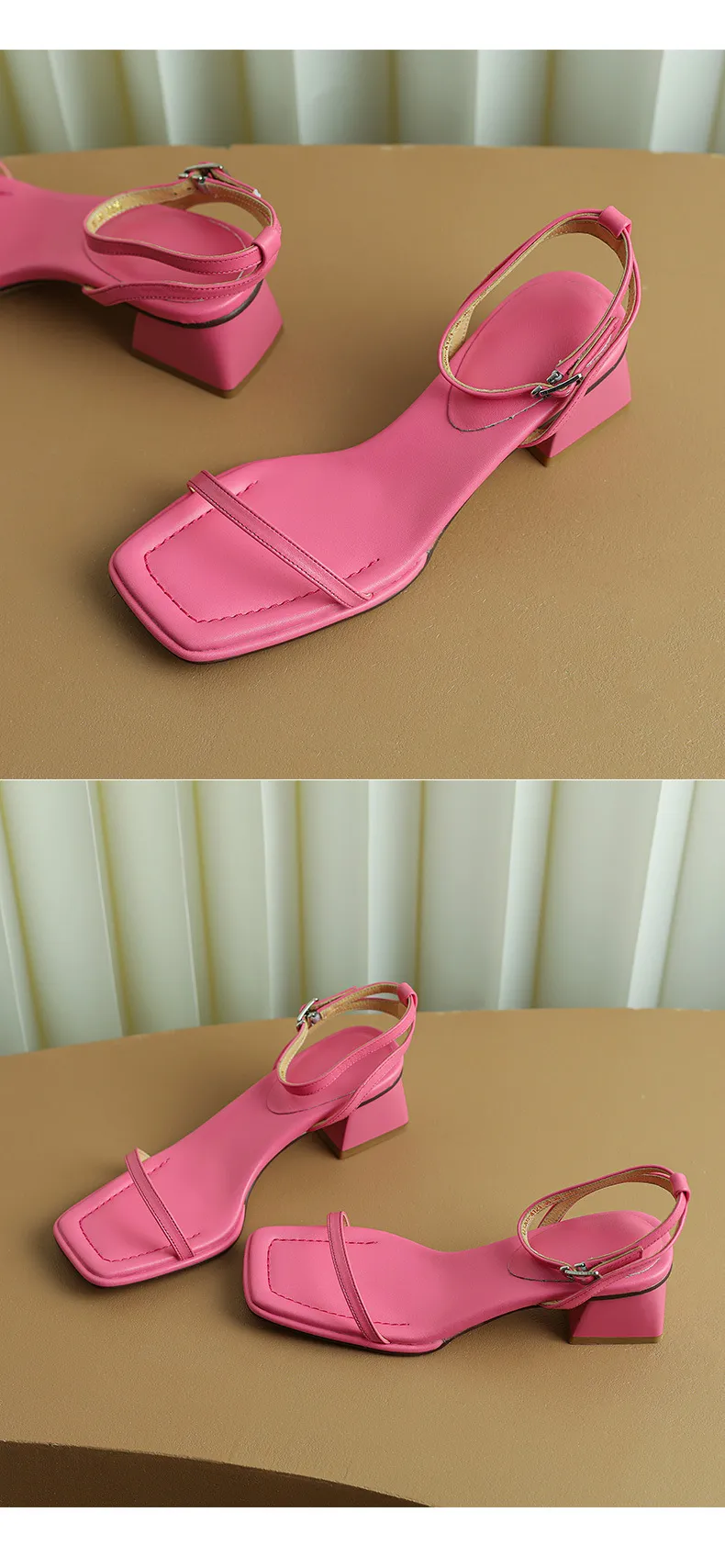 Chunky heeled square-toe sandals for summer, simple design, ankle strap, open toe, made of cowhide.