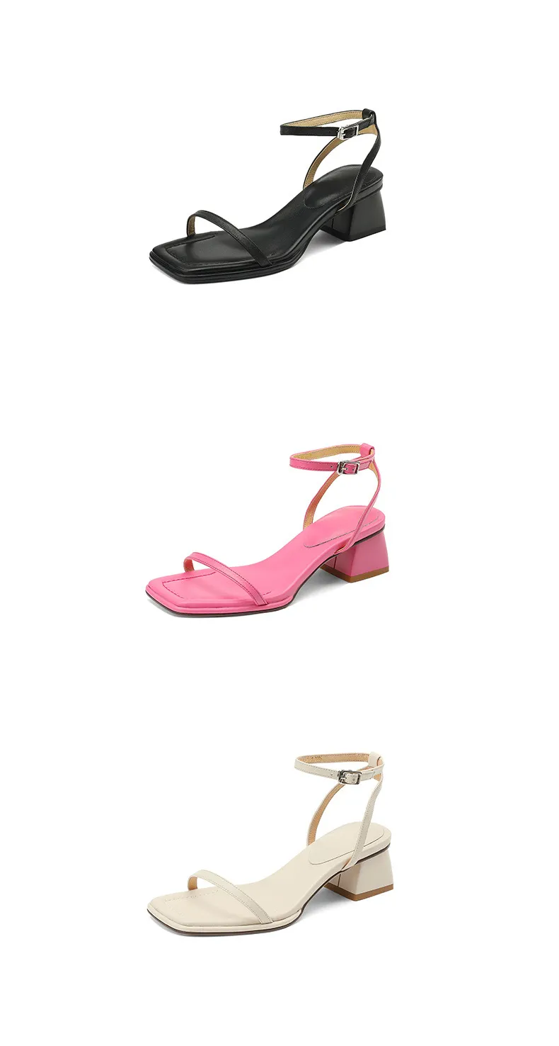 Chunky heeled square-toe sandals for summer, simple design, ankle strap, open toe, made of cowhide.