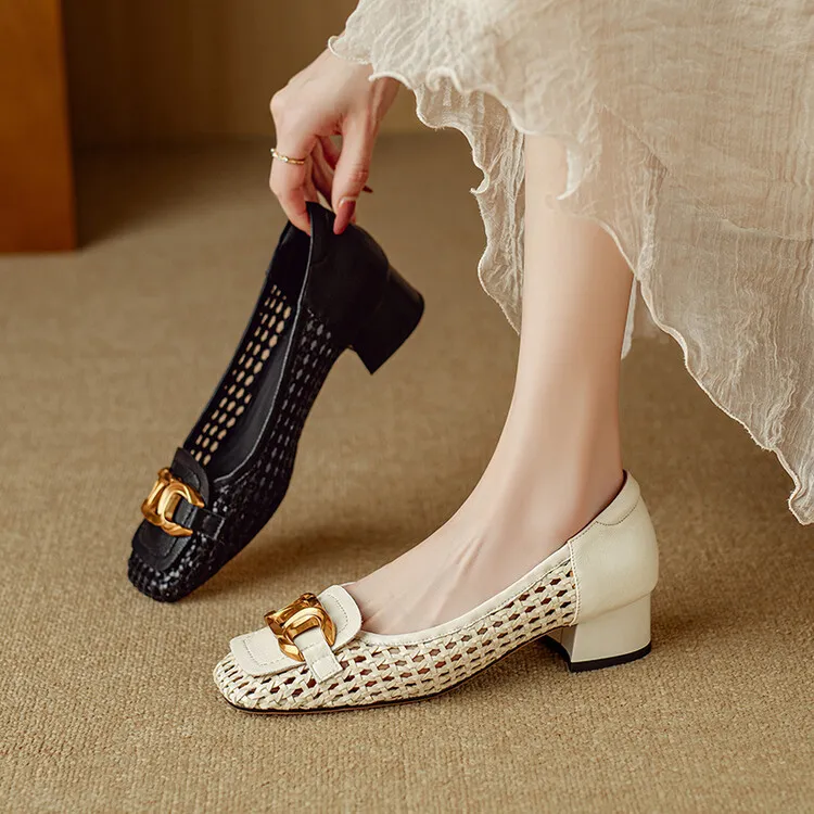 Summer breathable metal buckle hollow woven shallow mouth women's French cowhide fashion sandals 6-18b