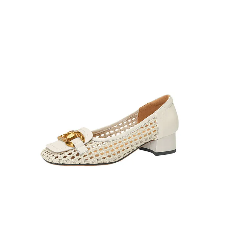 Summer breathable metal buckle hollow woven shallow mouth women's French cowhide fashion sandals 6-18b