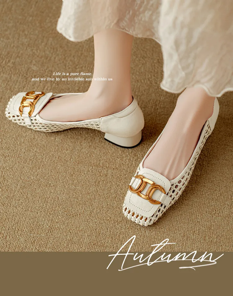 Summer breathable metal buckle hollow woven shallow mouth women's French cowhide fashion sandals 6-18b
