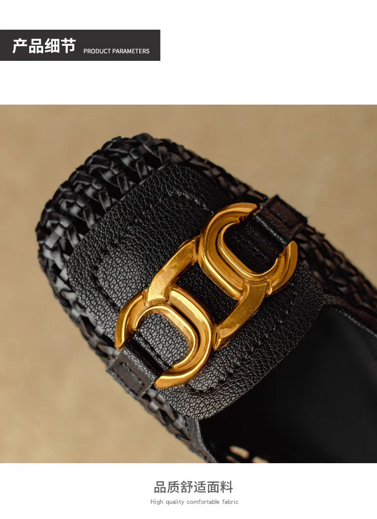 Summer breathable metal buckle hollow woven shallow mouth women's French cowhide fashion sandals 6-18b