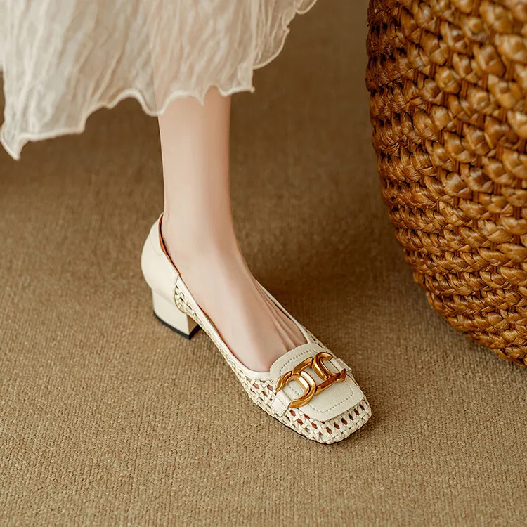 Summer breathable metal buckle hollow woven shallow mouth women's French cowhide fashion sandals 6-18b