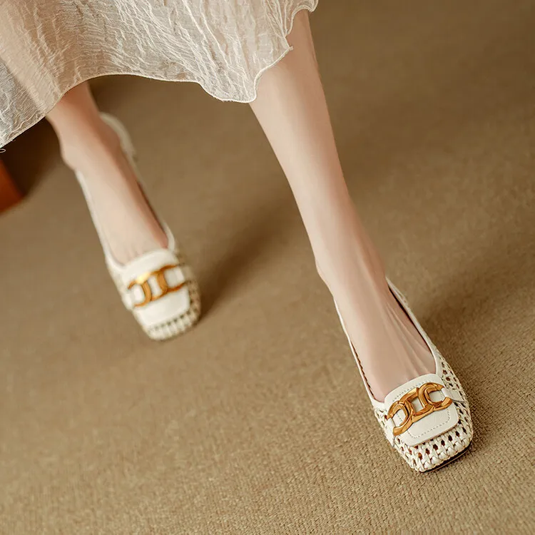 Summer breathable metal buckle hollow woven shallow mouth women's French cowhide fashion sandals 6-18b