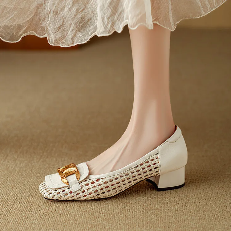 Summer breathable metal buckle hollow woven shallow mouth women's French cowhide fashion sandals 6-18b