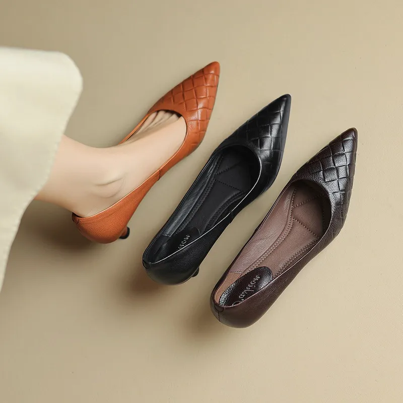 5cm stiletto heel, soft and comfortable all-leather sheepskin single shoes, women's autumn style, simple and fashionable Korean style, pointed toe and low mouth.