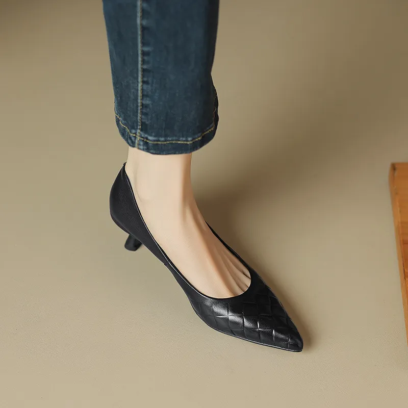 5cm stiletto heel, soft and comfortable all-leather sheepskin single shoes, women's autumn style, simple and fashionable Korean style, pointed toe and low mouth.