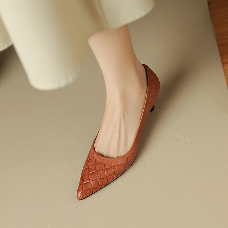 5cm stiletto heel, soft and comfortable all-leather sheepskin single shoes, women's autumn style, simple and fashionable Korean style, pointed toe and low mouth.