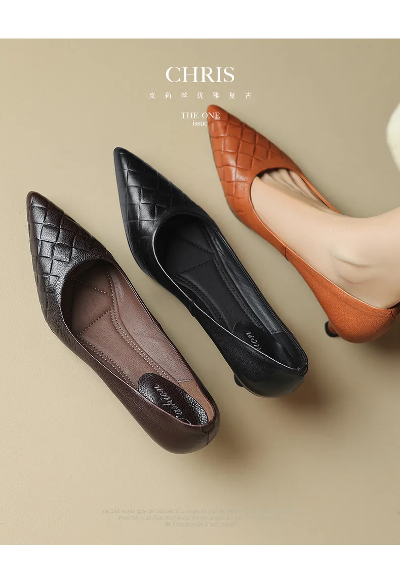 5cm stiletto heel, soft and comfortable all-leather sheepskin single shoes, women's autumn style, simple and fashionable Korean style, pointed toe and low mouth.