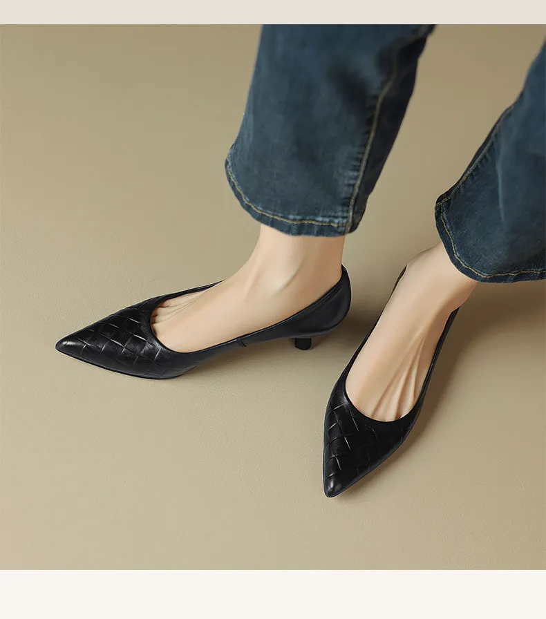 5cm stiletto heel, soft and comfortable all-leather sheepskin single shoes, women's autumn style, simple and fashionable Korean style, pointed toe and low mouth.