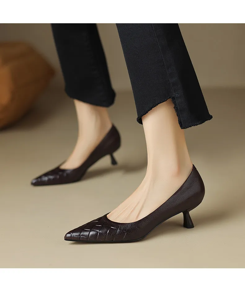 5cm stiletto heel, soft and comfortable all-leather sheepskin single shoes, women's autumn style, simple and fashionable Korean style, pointed toe and low mouth.