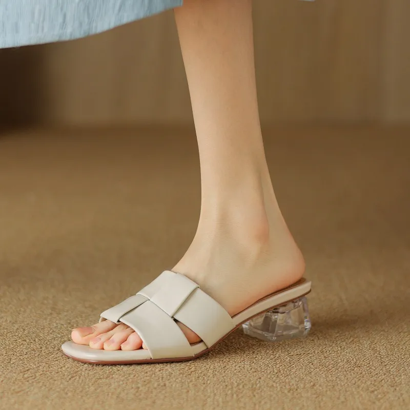 Summer sheepskin silver square-toe open-toe loafers to wear with skirts or as outerwear with chunky heels