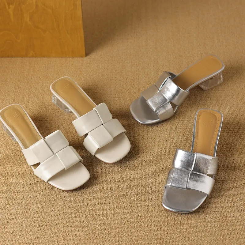 Summer sheepskin silver square-toe open-toe loafers to wear with skirts or as outerwear with chunky heels