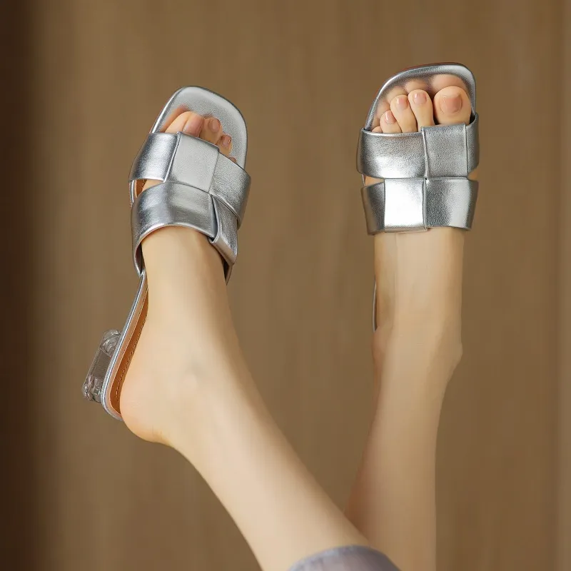 Summer sheepskin silver square-toe open-toe loafers to wear with skirts or as outerwear with chunky heels