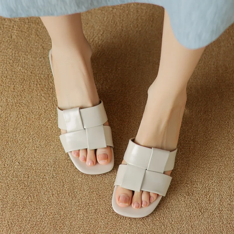 Summer sheepskin silver square-toe open-toe loafers to wear with skirts or as outerwear with chunky heels