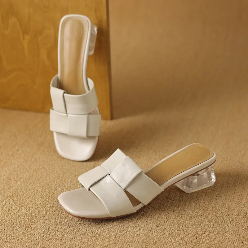Summer sheepskin silver square-toe open-toe loafers to wear with skirts or as outerwear with chunky heels
