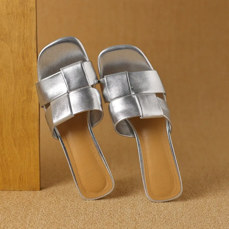 Summer sheepskin silver square-toe open-toe loafers to wear with skirts or as outerwear with chunky heels