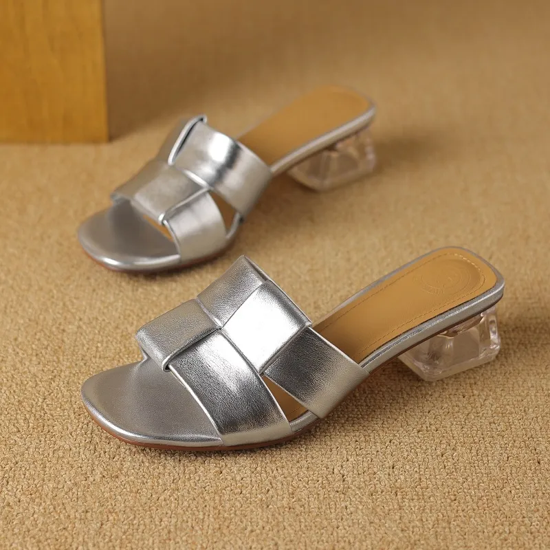 Summer sheepskin silver square-toe open-toe loafers to wear with skirts or as outerwear with chunky heels