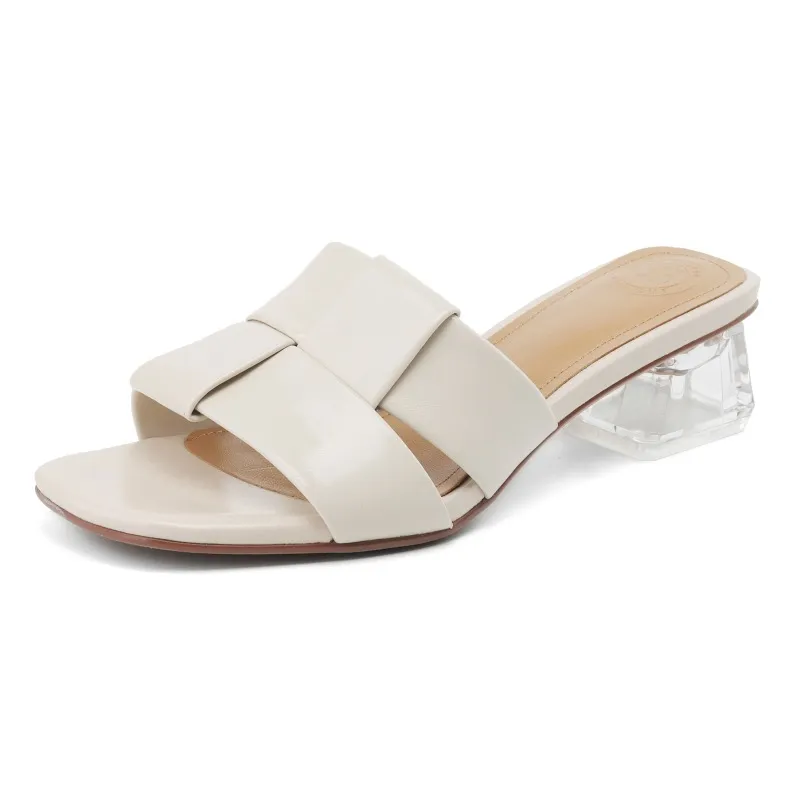 Summer sheepskin silver square-toe open-toe loafers to wear with skirts or as outerwear with chunky heels