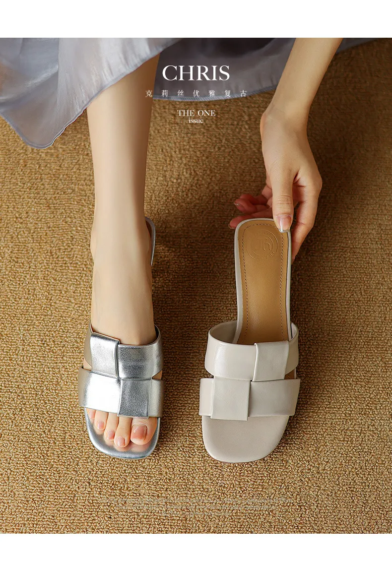 Summer sheepskin silver square-toe open-toe loafers to wear with skirts or as outerwear with chunky heels