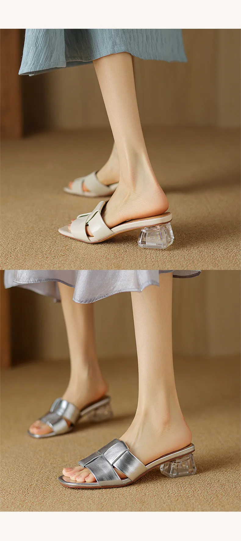 Summer sheepskin silver square-toe open-toe loafers to wear with skirts or as outerwear with chunky heels