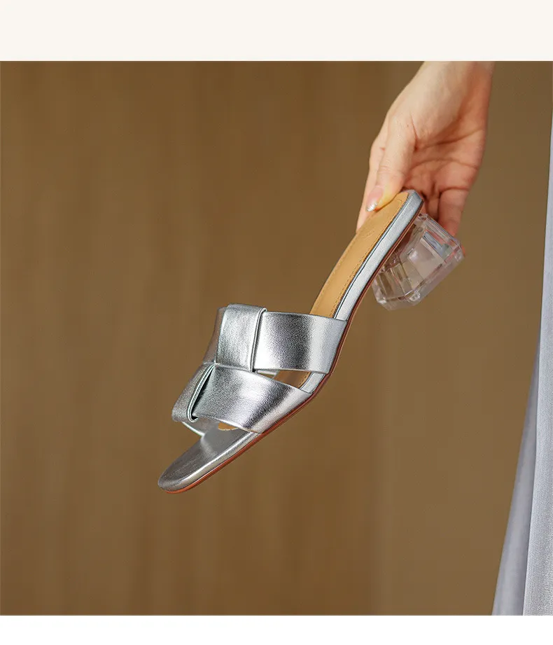Summer sheepskin silver square-toe open-toe loafers to wear with skirts or as outerwear with chunky heels