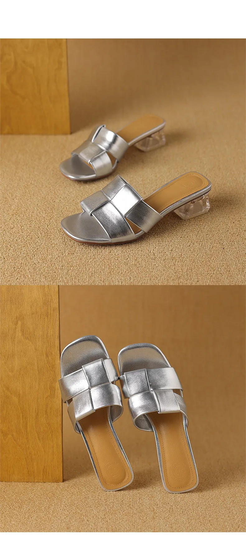 Summer sheepskin silver square-toe open-toe loafers to wear with skirts or as outerwear with chunky heels