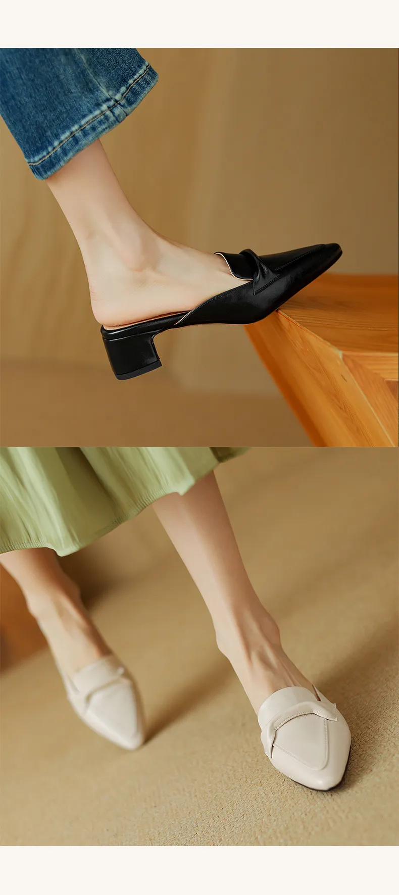 Sizes 34-39, 40, 41, 42, 43: Plus-size closed-toe backless sandals, chunky heel, mid-heel, pointed toe sandals.