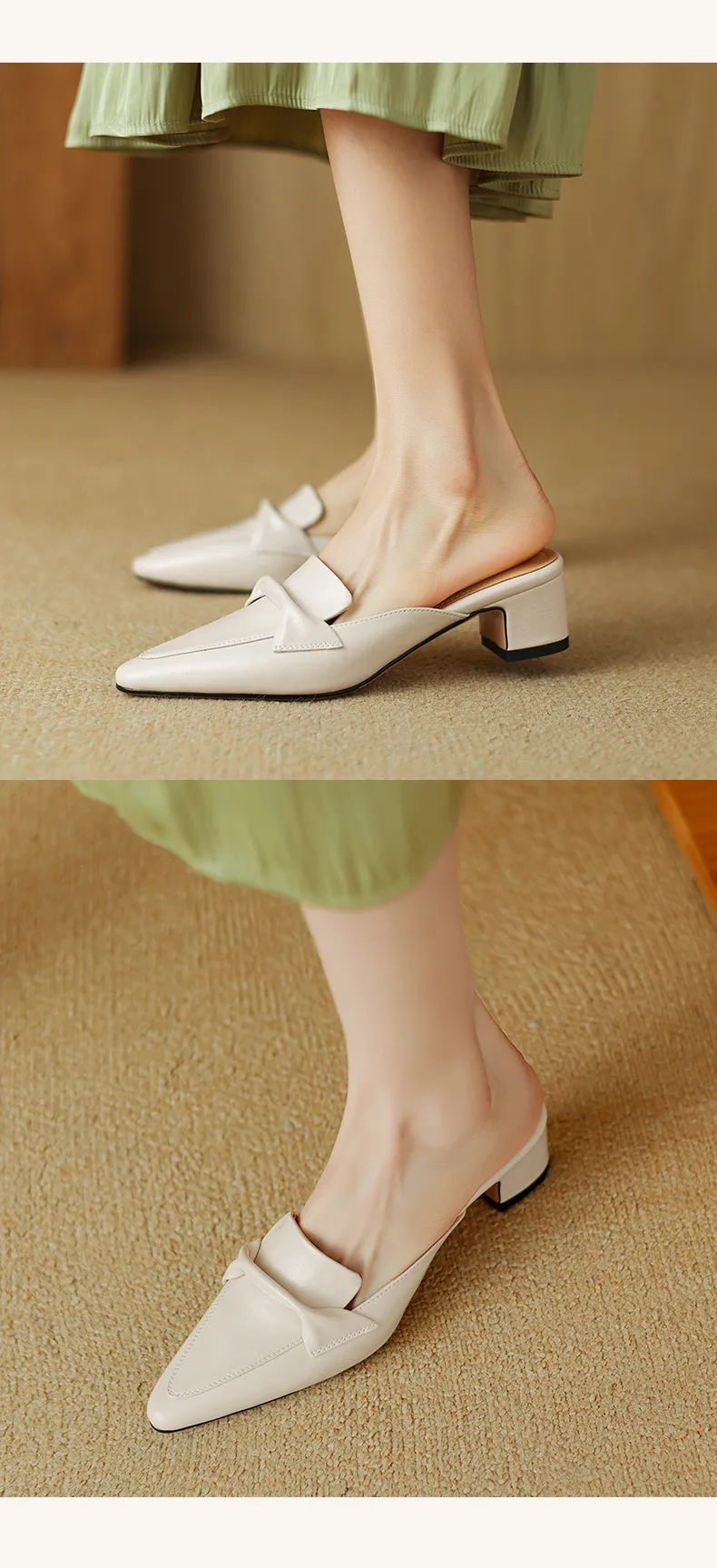 Sizes 34-39, 40, 41, 42, 43: Plus-size closed-toe backless sandals, chunky heel, mid-heel, pointed toe sandals.