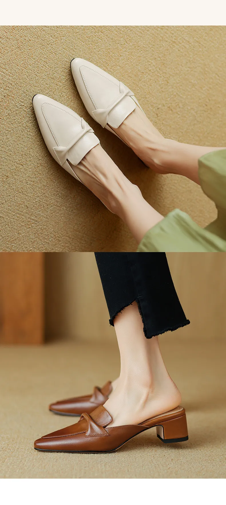Sizes 34-39, 40, 41, 42, 43: Plus-size closed-toe backless sandals, chunky heel, mid-heel, pointed toe sandals.