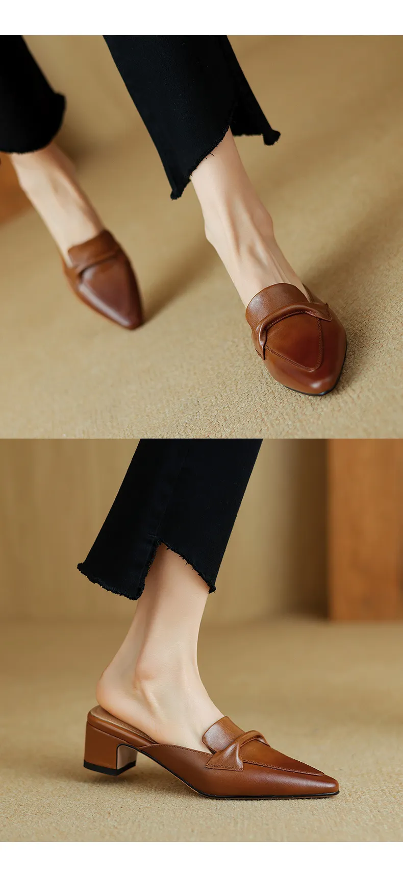 Sizes 34-39, 40, 41, 42, 43: Plus-size closed-toe backless sandals, chunky heel, mid-heel, pointed toe sandals.