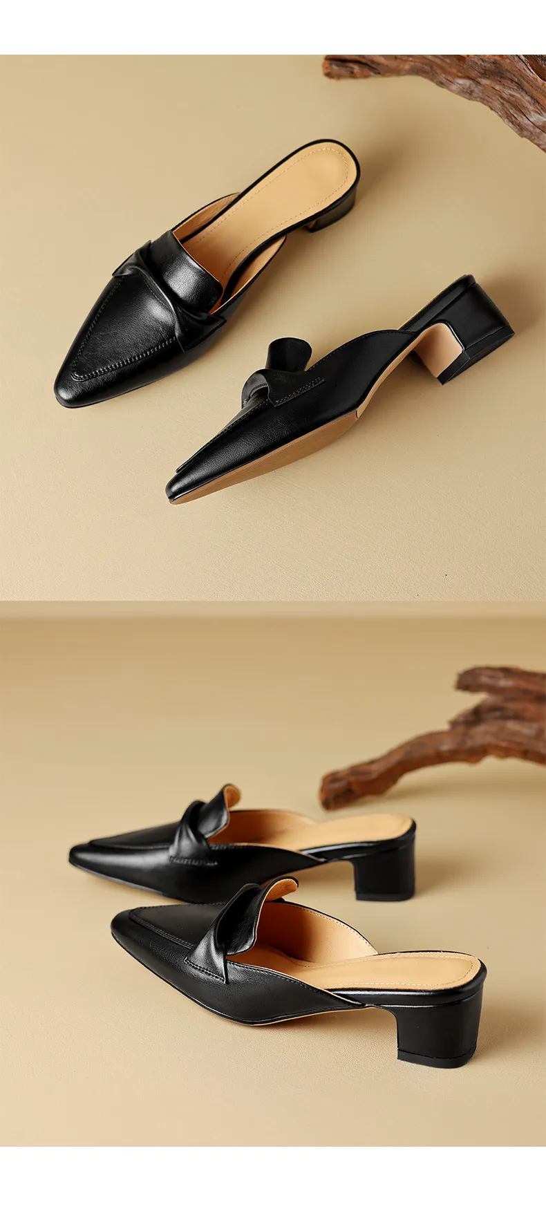 Sizes 34-39, 40, 41, 42, 43: Plus-size closed-toe backless sandals, chunky heel, mid-heel, pointed toe sandals.