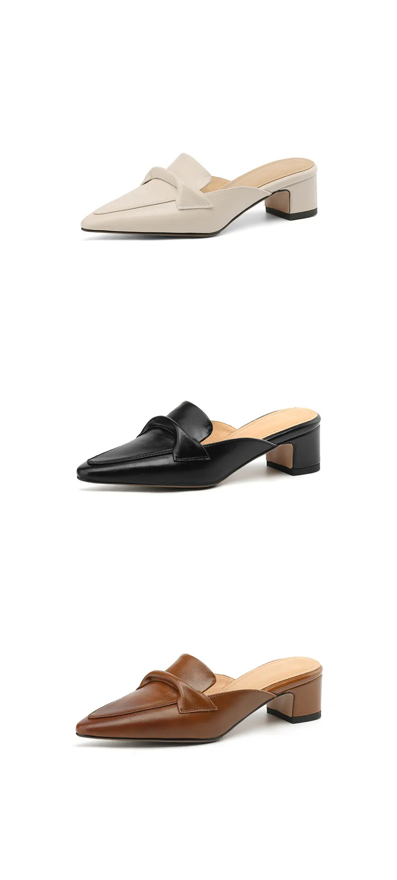 Sizes 34-39, 40, 41, 42, 43: Plus-size closed-toe backless sandals, chunky heel, mid-heel, pointed toe sandals.